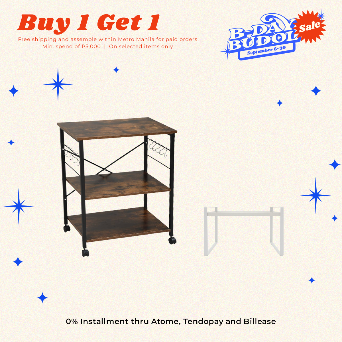 BUY 1 GET FREE:  Boris Wooden Utility Cart + 1 Delo Steel Kitchen Organizer
