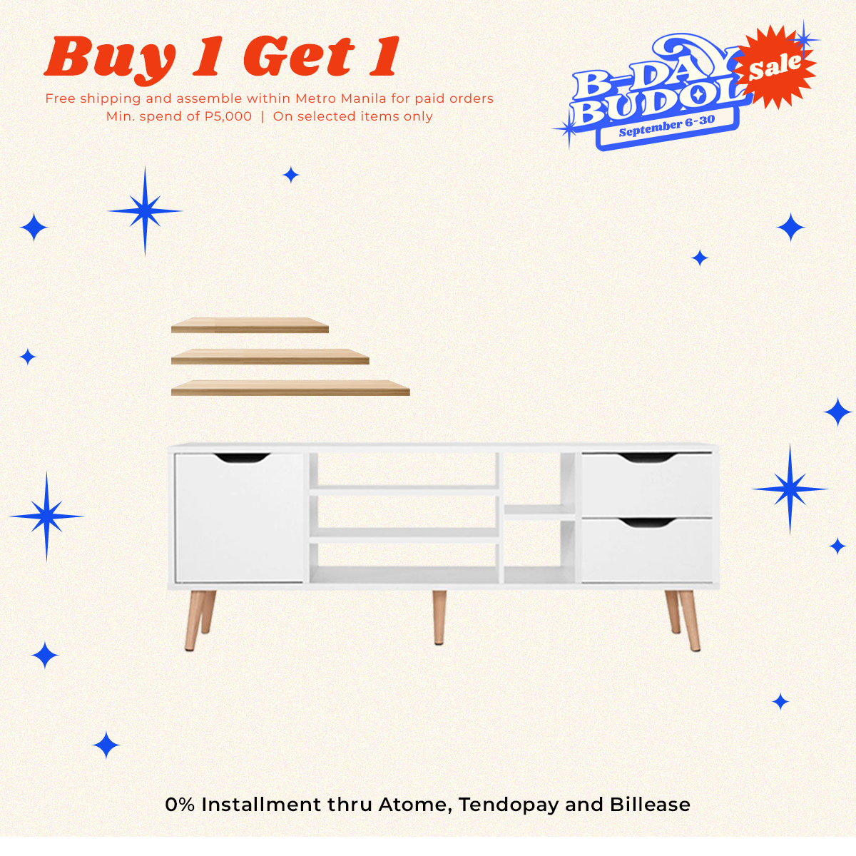 BUY 1 GET FREE: Elina Scandinavian TV Rack + Caleb 3 PCS Hanging Shelf