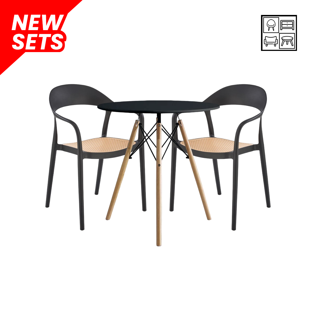 HV Elio Scandi Round Table + 2 HV Harold Stackable Plastic