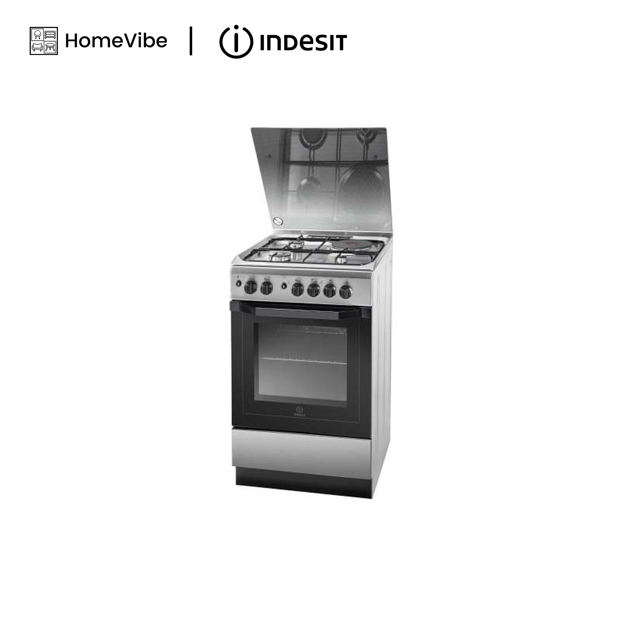 Indesit 50cm, 3 Gas Burners + 1 Electric plate + Gas Oven Free Standing Cooker I5MG1G (X)/EX