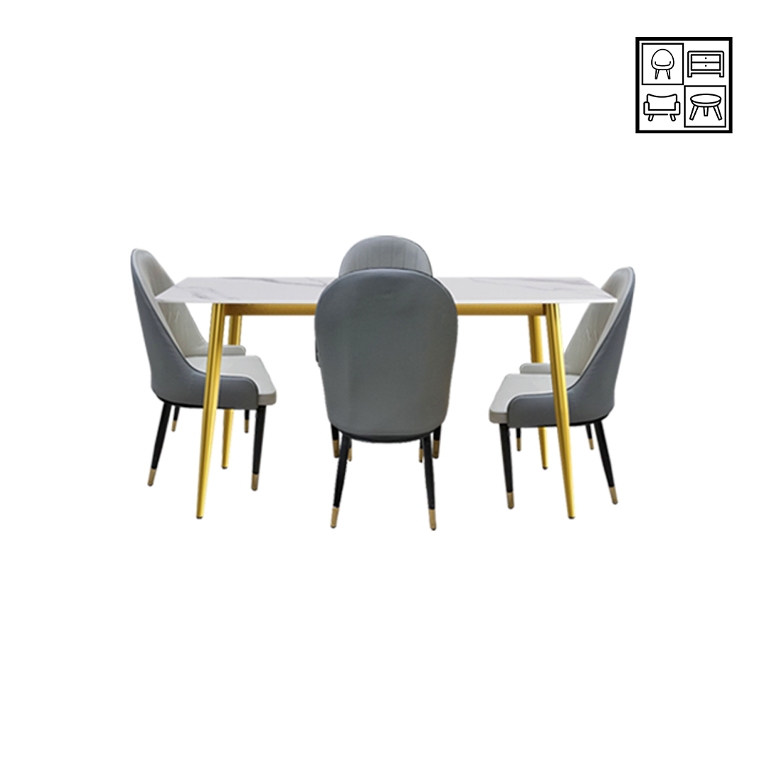 HV Asha Marble Rectangle Table + 4 Naja Leather Chair Set