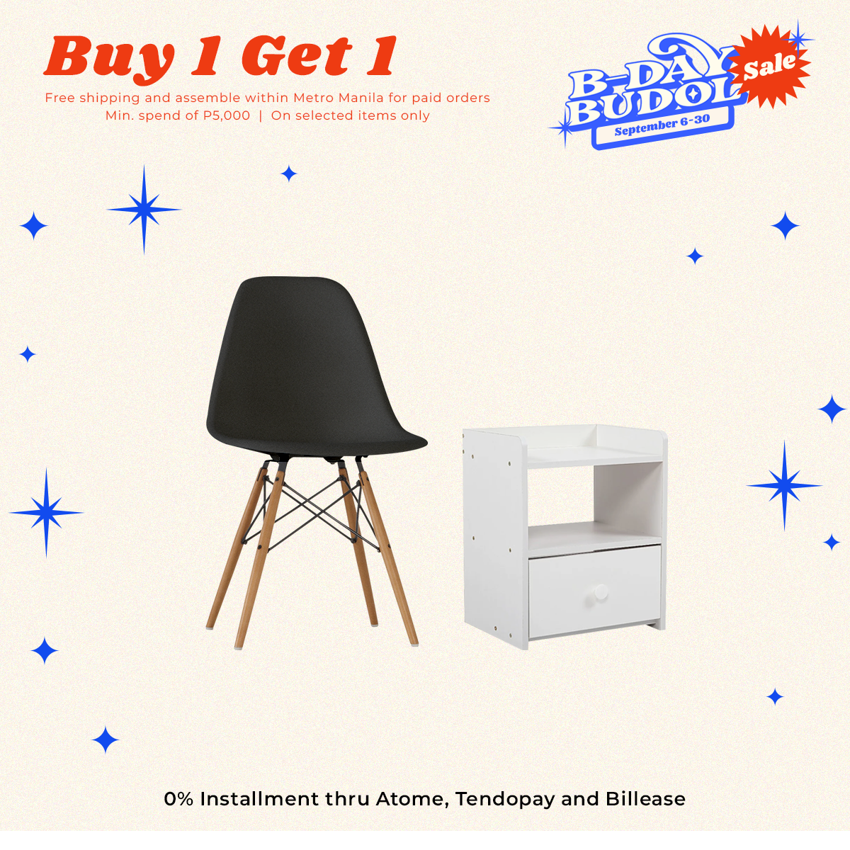 BUY 1 GET FREE: HV Scandinavian Eames Chair+ HV Zoe Bedside Table