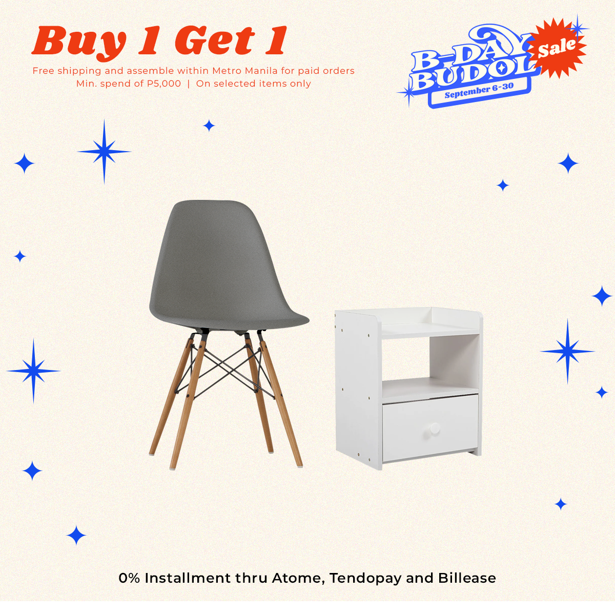 BUY 1 GET FREE: HV Scandinavian Eames Chair+ HV Zoe Bedside Table