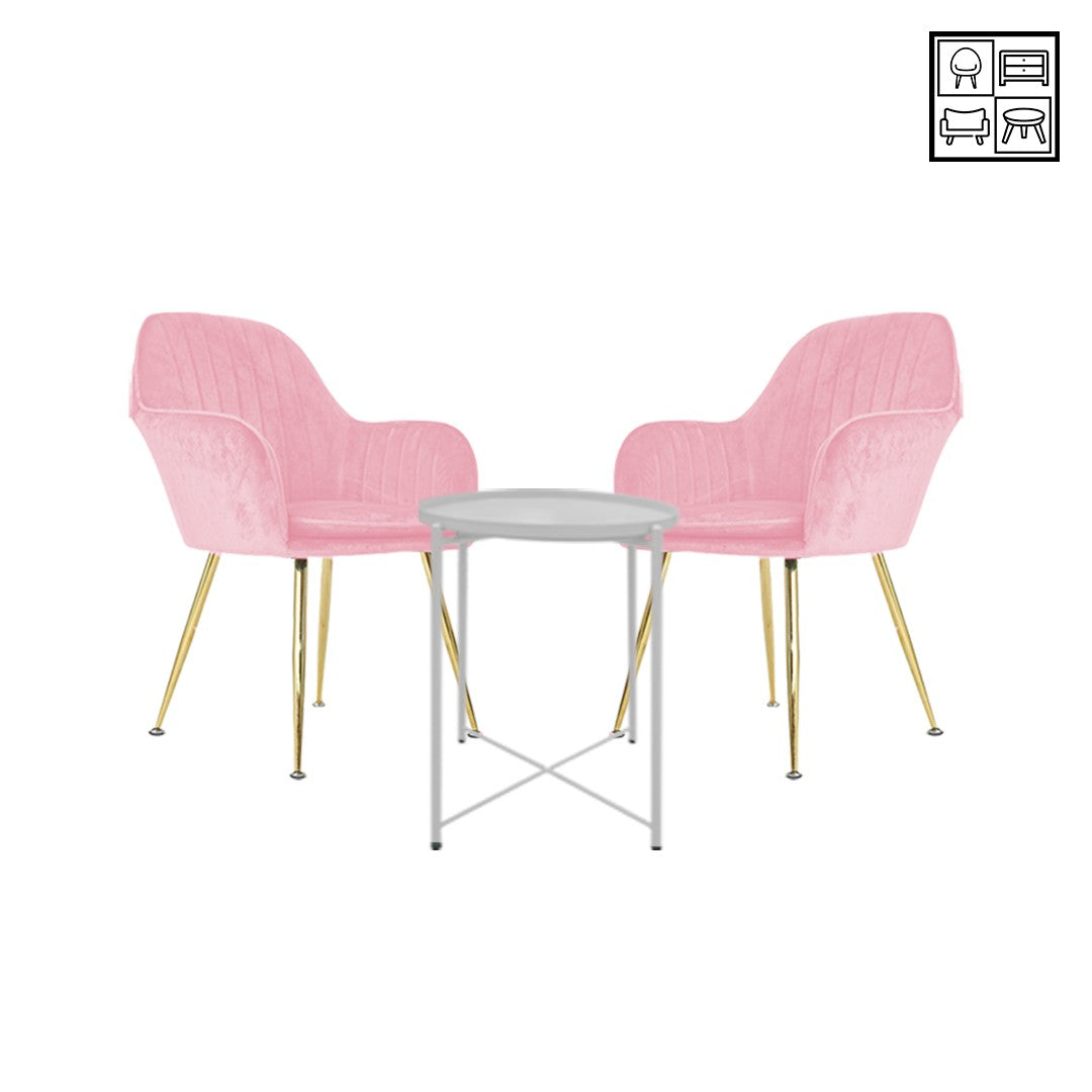 HV Cassie Steel Coffee Table + 2 Velvet Chair Set